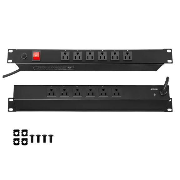 1U PDU 12 Outlets Horizontal Rack Mount 19" w/ Power Strip Surge Overload Protection