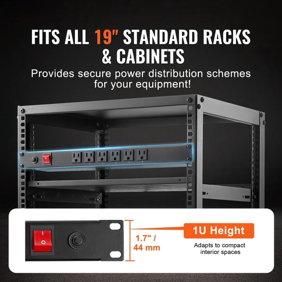 1U PDU 12 Outlets Rack Mount Power Strip Fits Standard 19 Inch Server Racks with Integrated Switch Surge Protection and Overload Protection 110-125V 15A Ideal for Home and Office