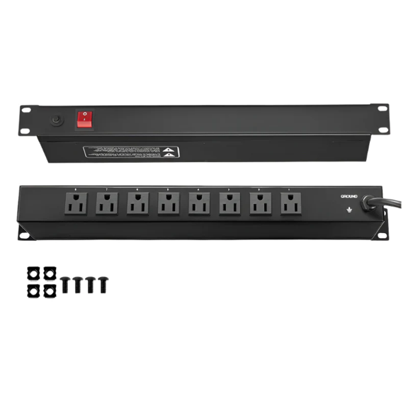 1U PDU 8 Outlets Horizontal Rack Mount 19" w/ Power Strip Surge Overload Protection