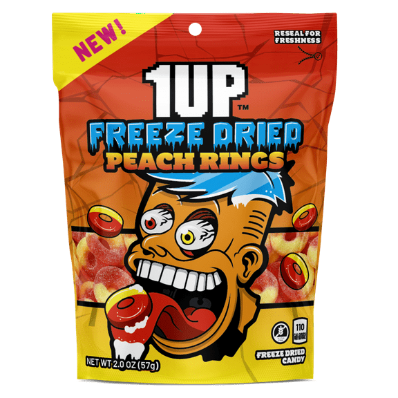 1UP Freeze Dried Peach Rings, 2.0 OZ Resealable Bag (Pack of 4)