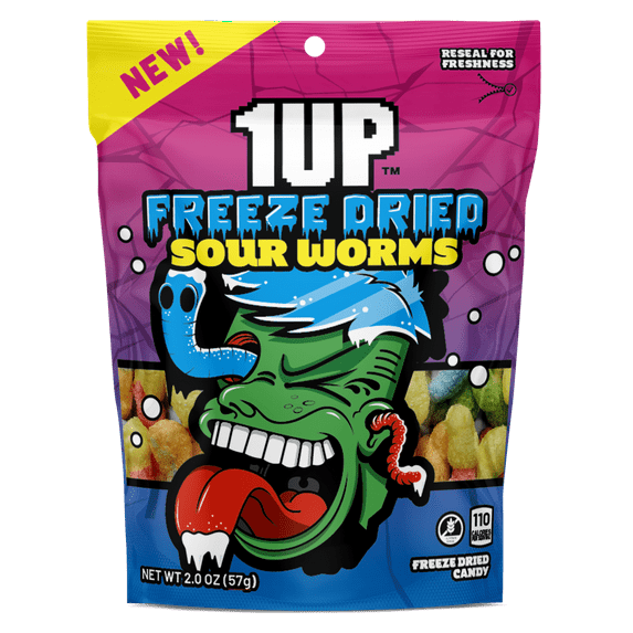 1UP Freeze Dried Sour Worms, 2.0 oz Resealable Bag (Pack of 6)