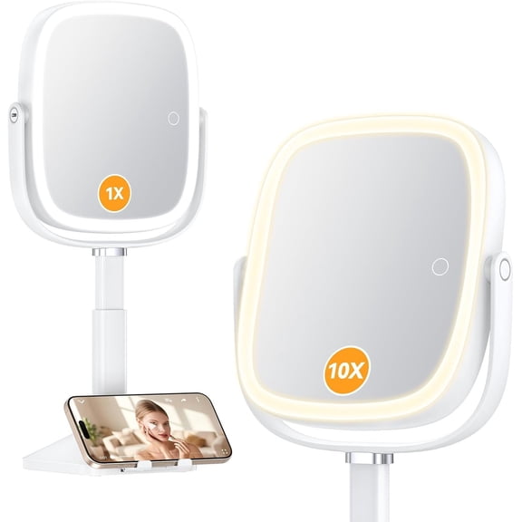 1X/10X Lighted Magnifying Mirror with Lights, Height Adjustable Lighted Makeup Mirror with Magnification for Desk,  Phone Stand, 4000mAh 3 Color Modes for  - White
