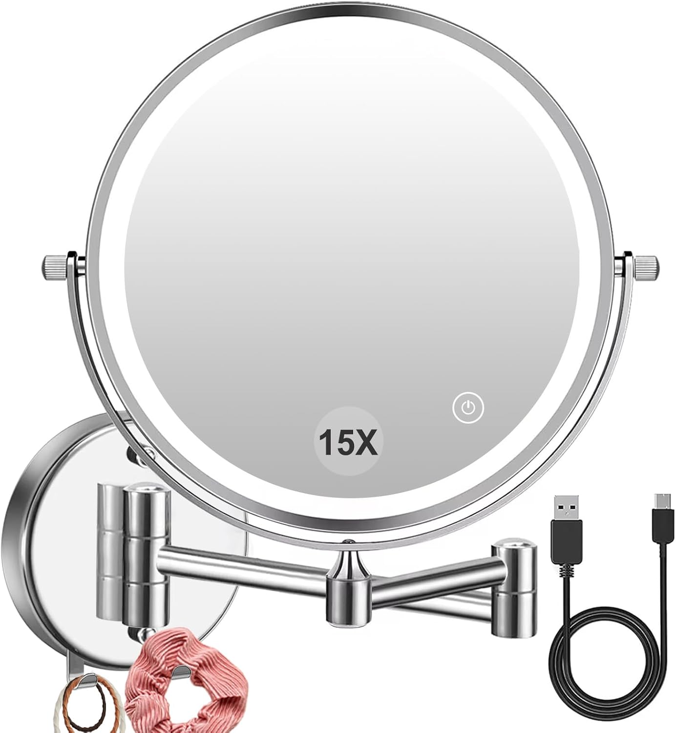 1X/15X Wall Mounted Makeup Mirror with Hook, USB Rechargeable LED 3