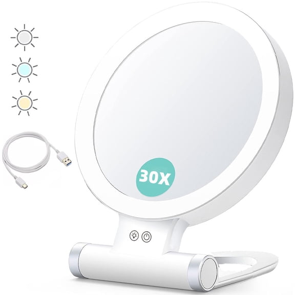 1X/30X Magnifying Mirror with Light, Double Sided Makeup Mirror with Adjustable 3 Color Light, 1000mAh Rechargeable Lighted Magnifying Mirrors, Foldable Travel Mirror with Rotation