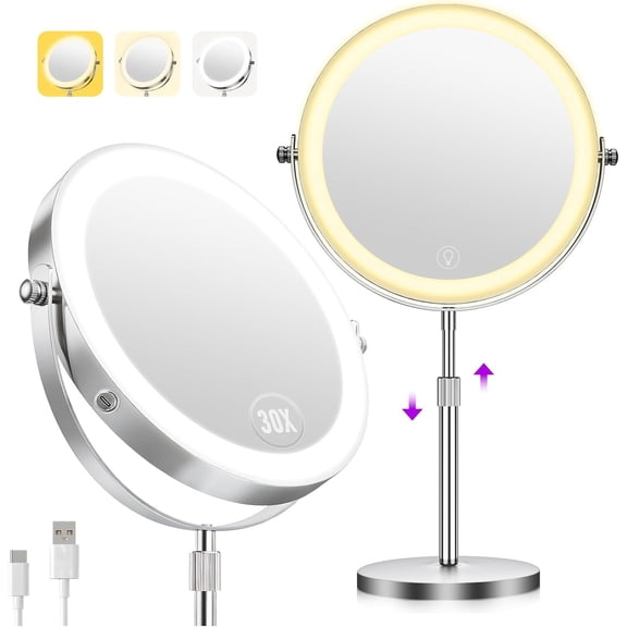 1X/30X Makeup Mirror with Lights, Brightness Adjustable with 3 Colors, Double Sided Magnifying Mirror with 360? Rotation, Lighted Makeup Mirror with Magnification, Ideal  for Women