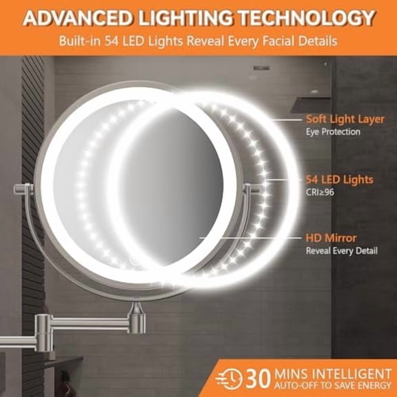 1X/30X Wall Mounted Lighted Makeup Mirror, 8" 3200 mAh Rechargeable Double-Sided Magnifying Mirror, Touch Dimmable 3 Color Lights, 360° Rotating Foldable 14.5" Extension Arm, Brushed Nickel