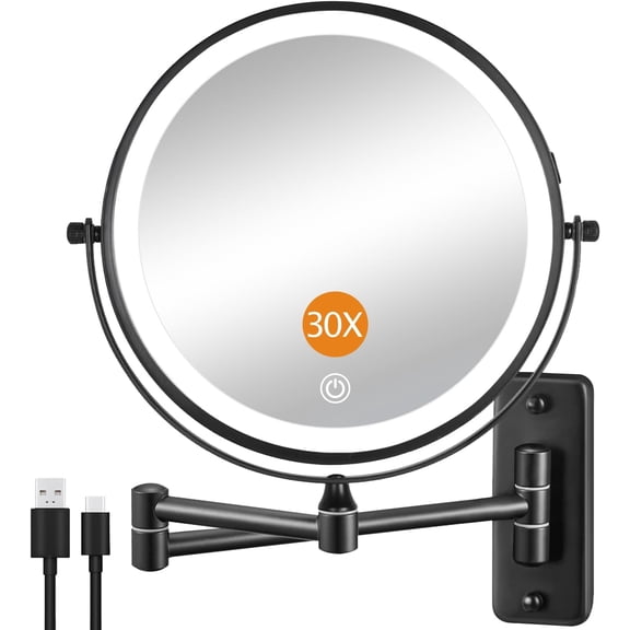 1X/30X Wall Mounted Lighted Makeup Mirror, 8" Rechargeable Double Sided Magnifying Mirror with Light, 3 Color Lights Touch Dimmable, Extended Swivel