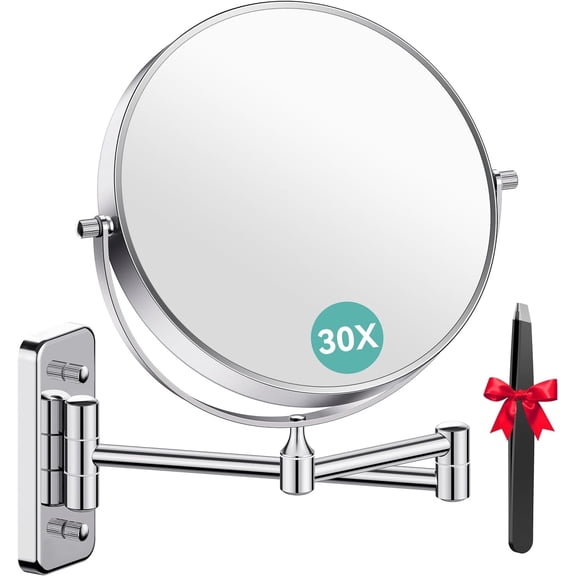 1X/30X Wall Mounted Makeup Mirror, 30X Magnifying Double-Sided Mirror with Tweezers, Bathroom Vanity Makeup Mirror, Cosmetic Mirror with 360 Rotation Extendable Swivel Arm, Chrome