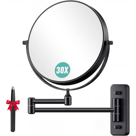 1X/30X Wall Mounted Makeup Mirror, Double Sided Magnifying Mirror with Tweezers, Bathroom Makeup Mirror, Cosmetic Vanity Mirror with 360 Rotation Extendable Swivel Arm, Black