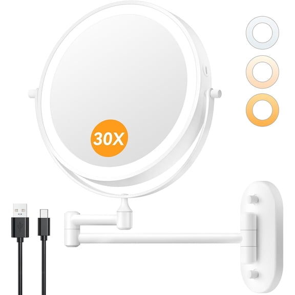 1X/30X Wall Mounted Makeup Mirror with Light, 8" Rechargeable Double-Sided Magnifying Vanity Mirror, Dimmable 3-Color LED, 360° Rotation, Foldable 14.5" Arm, White