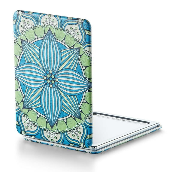 1X/3X Magnifying Mirror, Unique Painting Compact Mirror with Classical PU Leather, 2.4" W x 3.4" L (Green Flower Mandala)