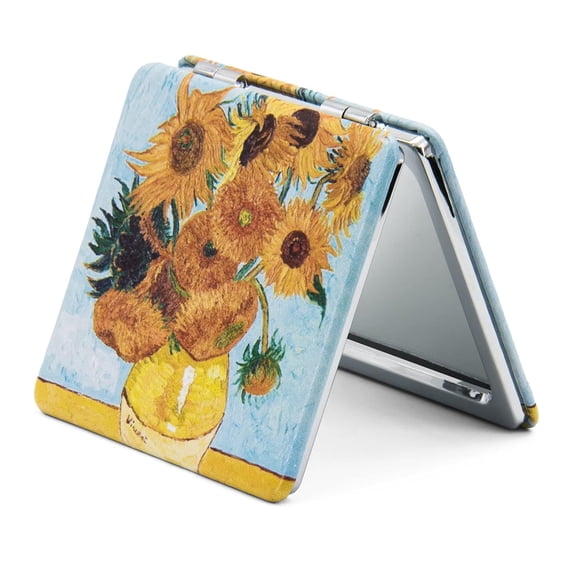 1X/3X Magnifying Mirror, Unique Painting Compact Mirror with Classical PU Leather (Sunflowers)