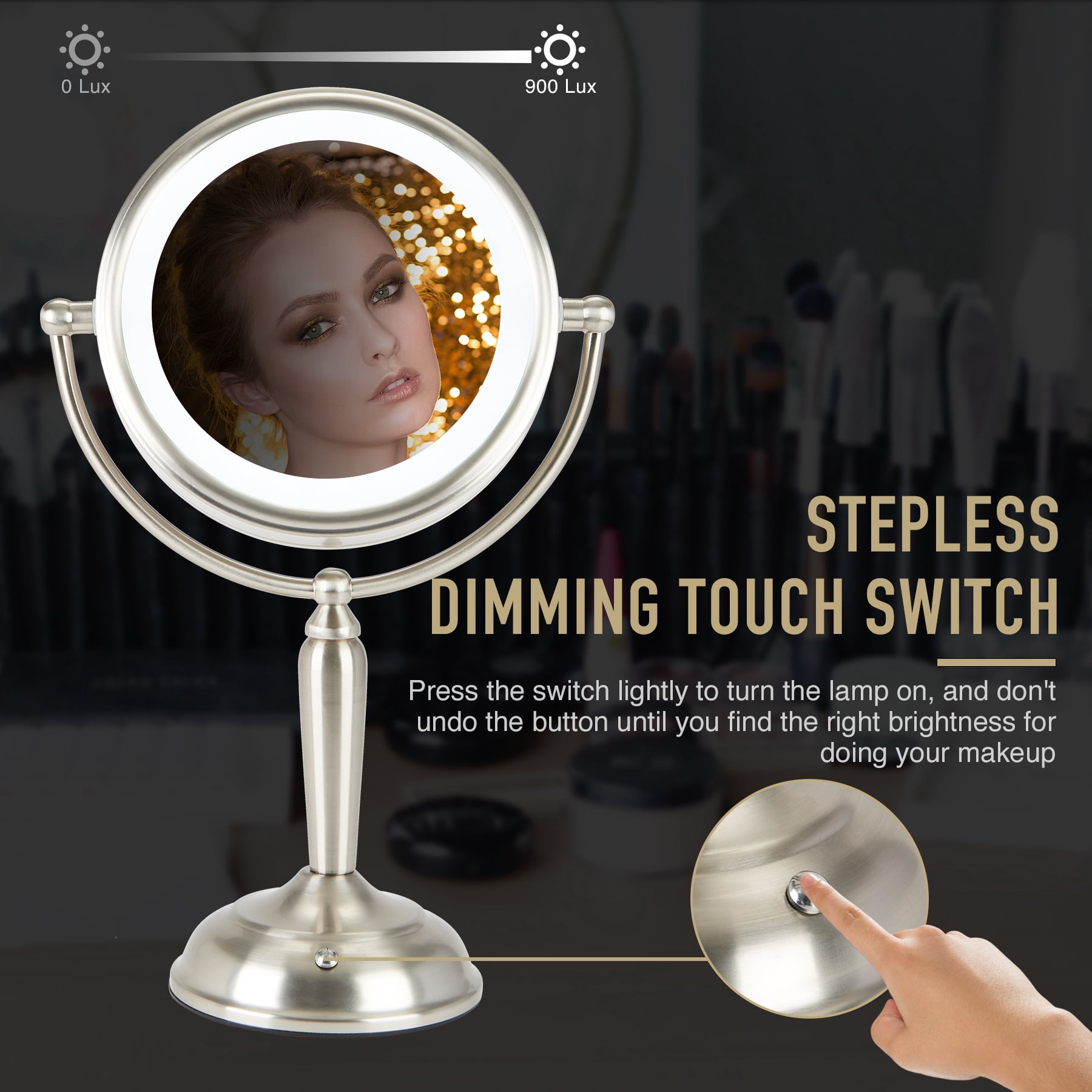 1X / 8X Magnification Lighted Mirror Lamp in Brushed Nickel Finish