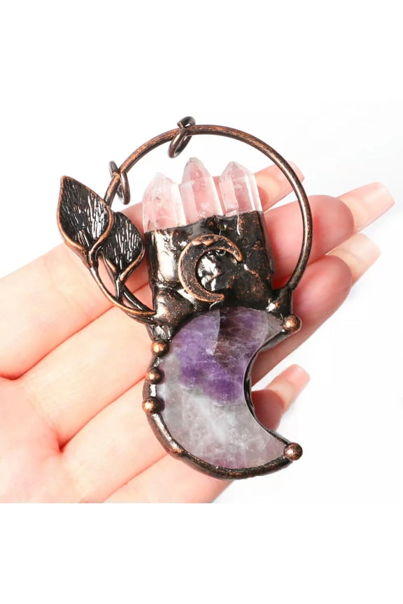 1X Amethyst Moon Pendant Clear Quartz Crystal Point Bronze Plated Bezel Leaf DIY