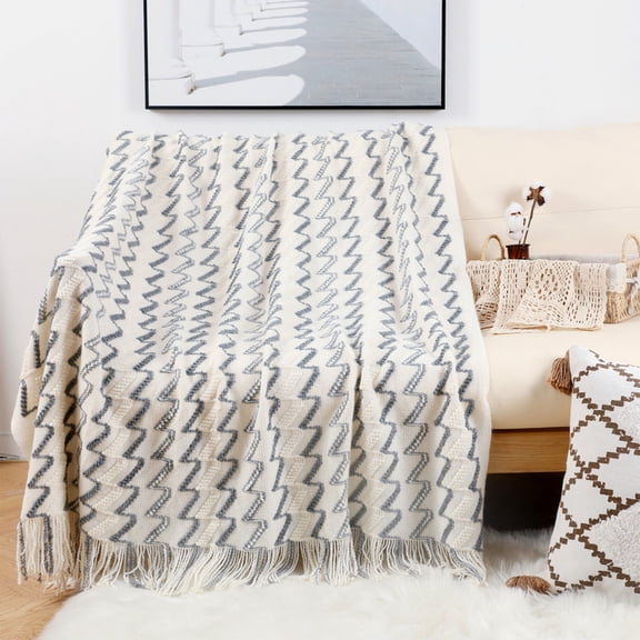 1X Blanket Comfortable Sofa Geometric Stripe Knitting Blanket Sofa Towel Cover Tassel Nap Blanket Towel Bed Tail Blanket Blanket
