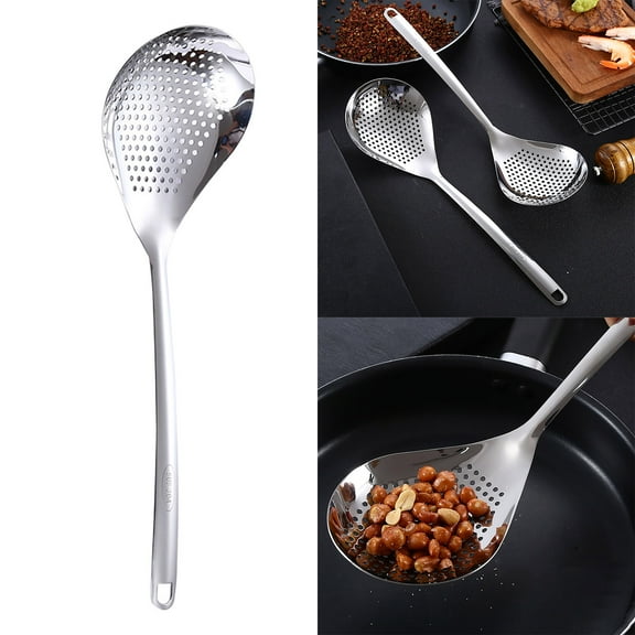 1X Cooking Utensil,Strainer Spoon,304 Stainless Slotted Spoon Long Handle Pepper Big Slotted Spoon Home Kitchen Drain Oil Hot Pot Slotted Spoon Dredge Oil