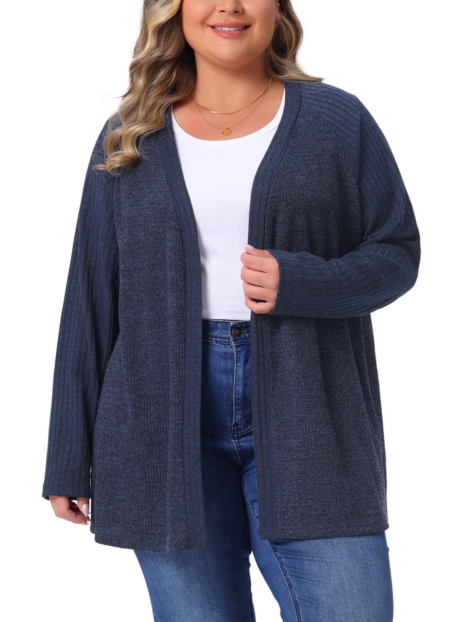 DARING DIVA Women's Plus Open Front Long Sleeve Lightweight Cardigans 1X Dark Blue
