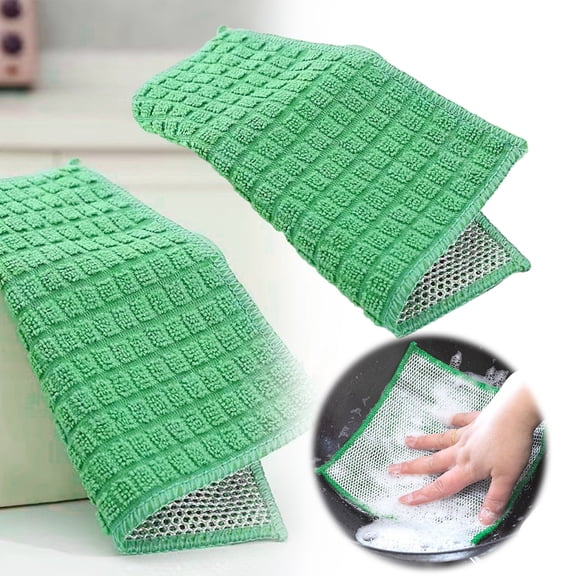 1X Dish Cloth,Double-Sided Microfiber Silver Silk Rag Household Kitchen Thickened Scouring Pad Cleaning Rag Dishwashing Towel Green