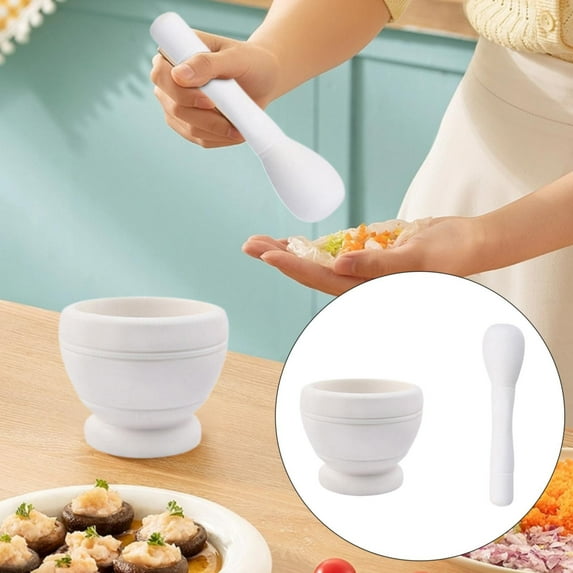 1X Garlic Press Set,Small Cup Manual Garlic Press White Naked,and Mortar Natural Wooden Stone Cup and Crusher Set Herbal Manual Grinder