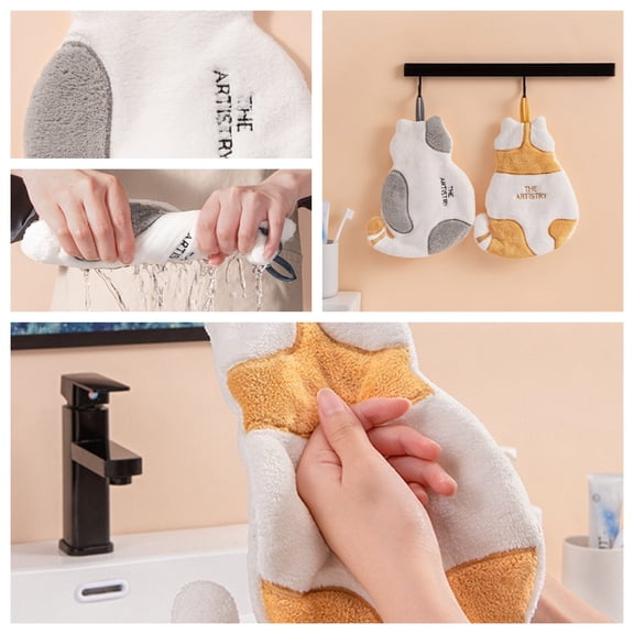 1X Hand Towel Cat Wipe Towel Hanging Absorbent Towel Children's Cute Hand Cloth Coral Fleece Kitchen Wash Towel Towel
