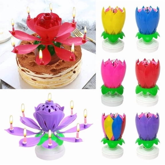 1X Lotus Music Candle Flowering Birthday Cake Candle Flat Rotating Electronic Lotus Candle