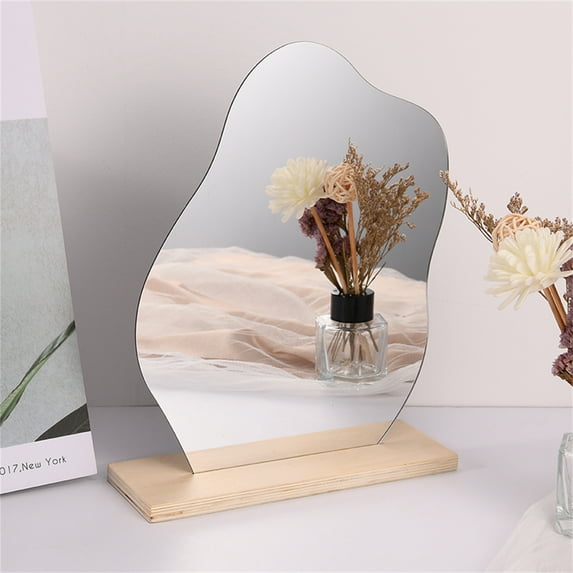 1X Mirror, 1X Wooden Base Tabletop Make Up Mirror Board European Style Home Decoration Irregular Wooden Bathroom Products
