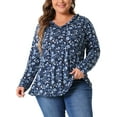thumbnail image 1 of DARING DIVA Women's Plus Size Floral V Neck Long Sleeve Ruffle Tunic Blouses 1X Navy Blue, 1 of 6