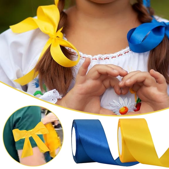 1X Ribbon Yellow Blue Double Sided Satin Width 2.5Cm for Bow Bouquet, Gift Wrapping, Shower, Flower Arrangement Diy Knitting Diy