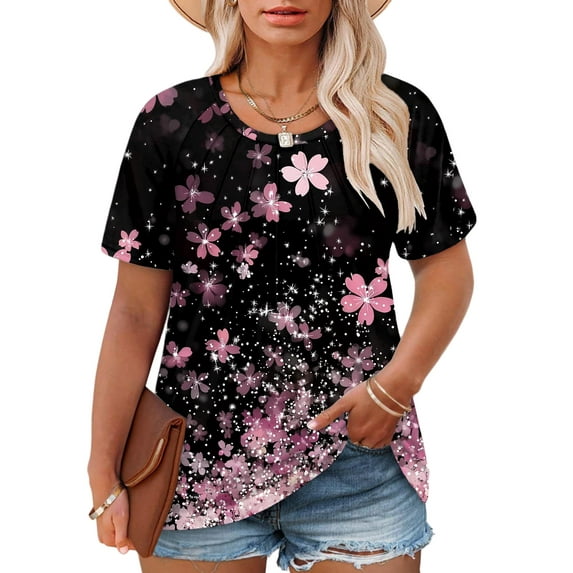 1X Womens Plus Size Summer Tops Fashion Pleated Shirts Loose Fit Short Sleeve Blouses Basic Dressy Crew Neck Tees Green