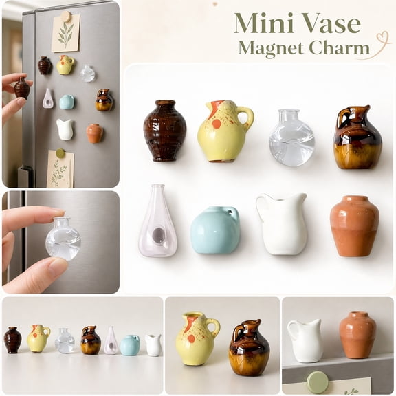 1X1 Inch 8 Count Tiny Mini Vase Refrigerator Set, Terracotta Decor, White Decor, Kitchen and Dining, Wedding Decorations, No Flower Decorative Vase Shaped Magnets, Easy Install