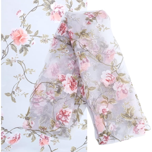 1Yard 51 Inch 3D Flowers Embroidered Organza Fabric Lace Fabric Pink Embroidered Fabric Floral for Sewing Dresses Ballgown Stylish Costume Home Decoration DIY Craft