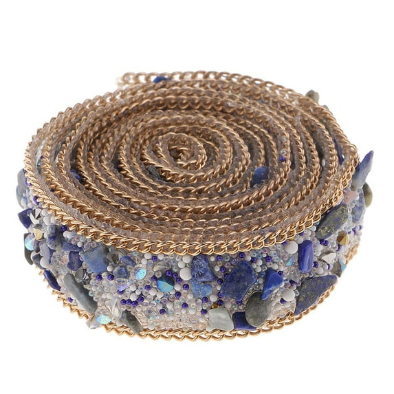 1Yard Rhinestone Beaded Sparkling Crystal Rhinestone Hotfix Ribbon Iron on Applique Bling Chain Banding Belt for DIY Wedding Bridal Dress Decor blue and Gold
