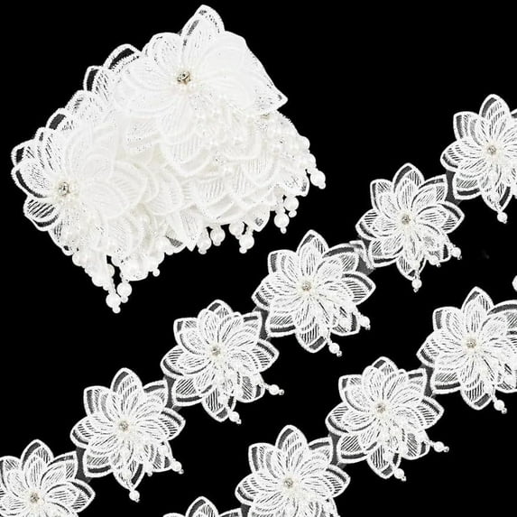 1Yard White 3D Pearl Rhinestone Flower Embroidered Lace Trim Ribbon 3 inch Wide Double Layer Beaded Embroidered Lace Ribbon