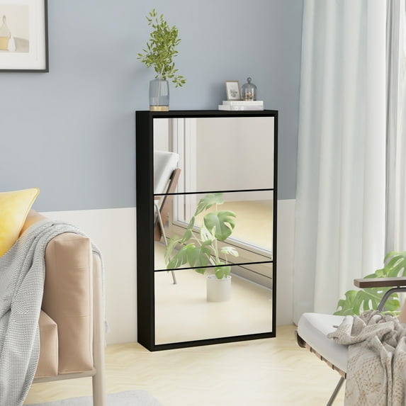 Prime Garden Mirror Shoe Cabinet, Mirrored Shoe Rack with 3 Tier for Entryway,Black