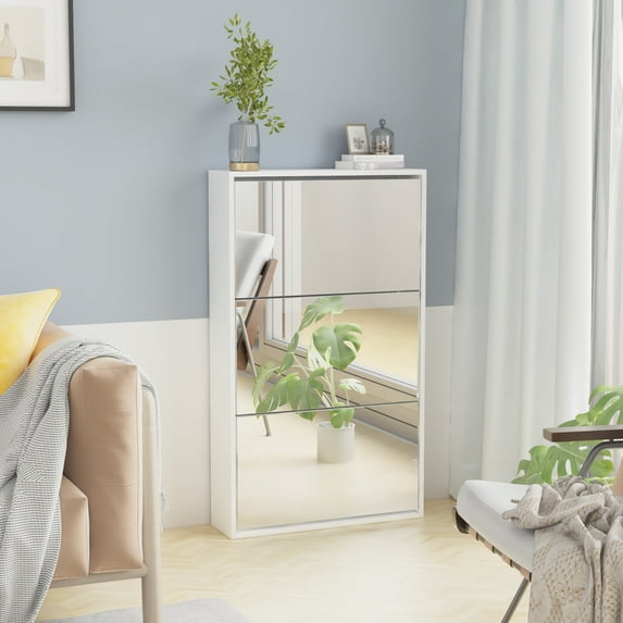 Prime Garden Mirror Shoe Cabinet, Mirrored Shoe Rack with 3 Tier for Entryway,White