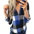 thumbnail image 1 of Women's Plaid Shirts Casual Long Sleeve Flannel Pullover Sexy V Neck Zipper Tunic, 1 of 3