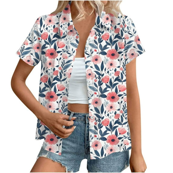 Cavosen Womens Short Sleeve Tops Casual Button down Collared Hawaiian Tropical Print Summer Tees Pullover Button up Beach Blouse Loose Fit Resort Vacation Shirts Going out 2XL