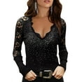 thumbnail image 1 of LilyLLL Womens Long Sleeve V Neck Lace Rhinestone Slim Fit Blouse Tops, 1 of 5