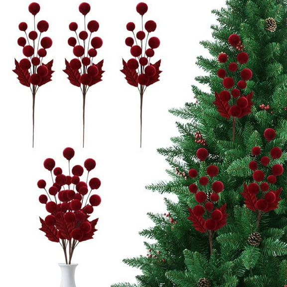 21 Inch Velvet Christmas Tree Picks - Faux Branches with Velvet Balls & Leaves for Xmas Tree, Wreath, Home & Party Decor