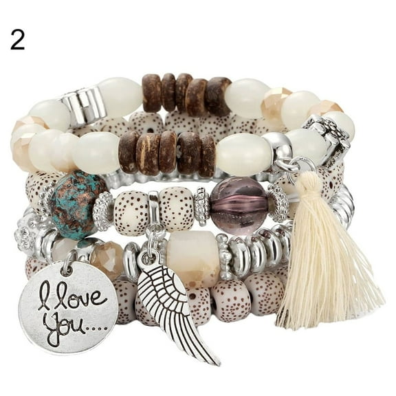 Yesbay 4Pcs/Set Bohemia Style Wing Beads Bracelet Women Bangle Jewelry Party Gift-White