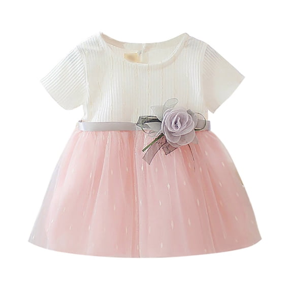 Summer Floral Short Sleeve Ribbing Stripe Princess Mesh Dresses Sundress For Toddler Kids Baby Girls