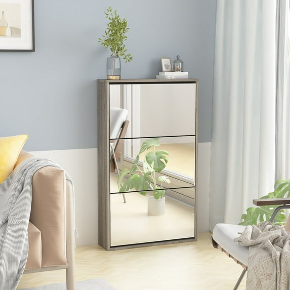 Prime Garden Mirror Shoe Cabinet, Mirrored Shoe Rack with 3 Tier for Entryway,Gray