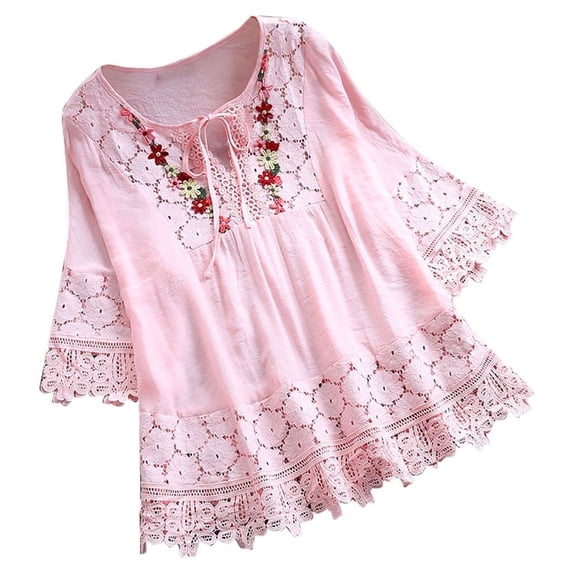 Giftesty Womens Plus Size Clearance Women Vintage Lace Patchwork Bow V-Neck Three Quarter Blouses Top T-Shirt