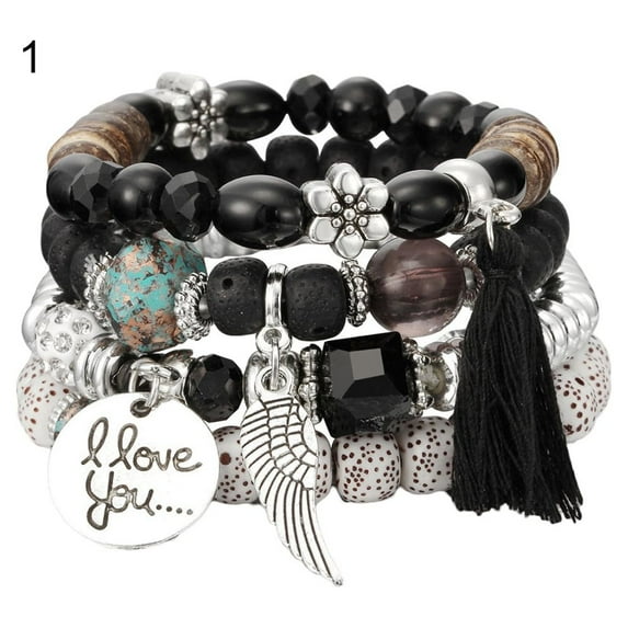 Yesbay 4Pcs/Set Bohemia Style Wing Beads Bracelet Women Bangle Jewelry Party Gift-Black