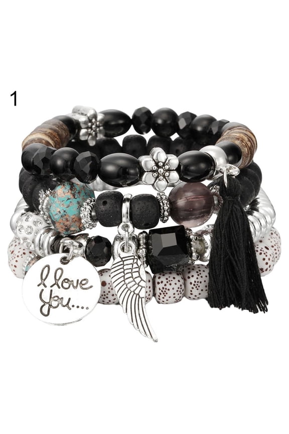 4Pcs/Set Bohemia Style Wing Beads Bracelet Women Bangle Jewelry Party Gift-Black