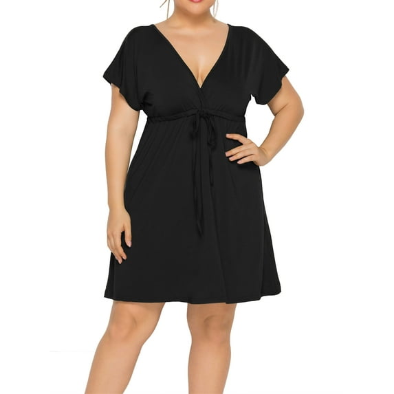 Women's Plus Size Dresses Summer Sexy Deep V-Neck Short Sleeve Casual Swing Drawstring Waist Midi Dress