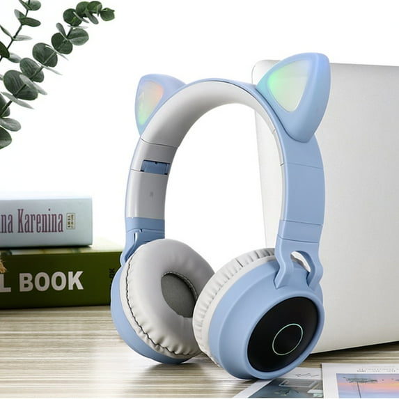 Wireless Bluetooth Kids Headphones, KimKen Cat Ears Bluetooth over Ear Headphones with Noise Cancelling Mic, Volume Control, LED Lights, Support FM Radio/TF Card, Fit for iPhone/iPad/Laptop/PC (Pink)