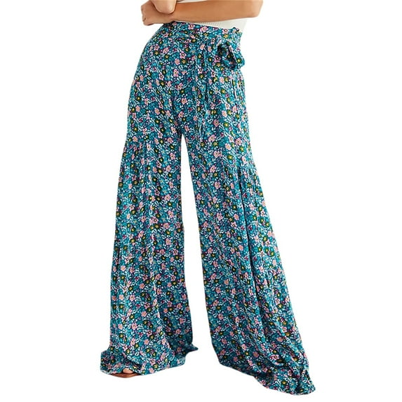 Boho Wide Leg Pants for Women High Waist Floral Printed Belted Palazzo Pants Loose Flowy Pants Hippie Beach Pants