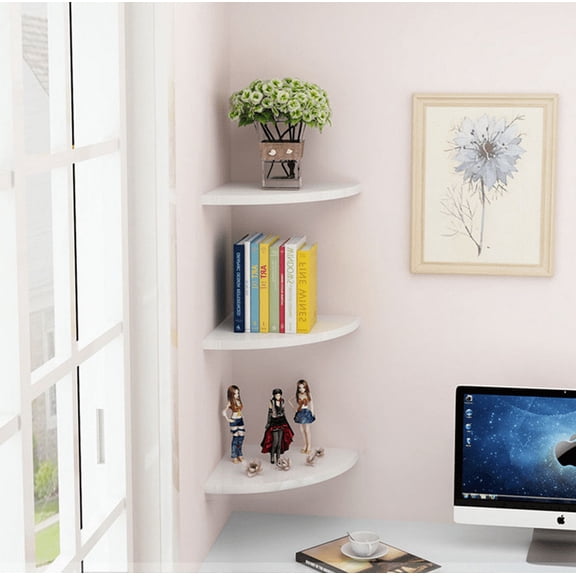 Set of 3 Corner Floating Shelves with Concealed Hardware Rack Wall-Mounted Storage Bookshelves Home Furniture Office Decor White