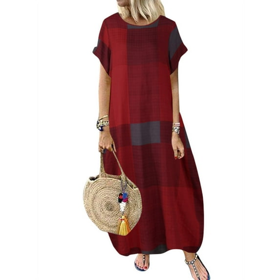 ZANZEA Women Vintage Plaid Check Short Sleeve Kaftan Long Dress